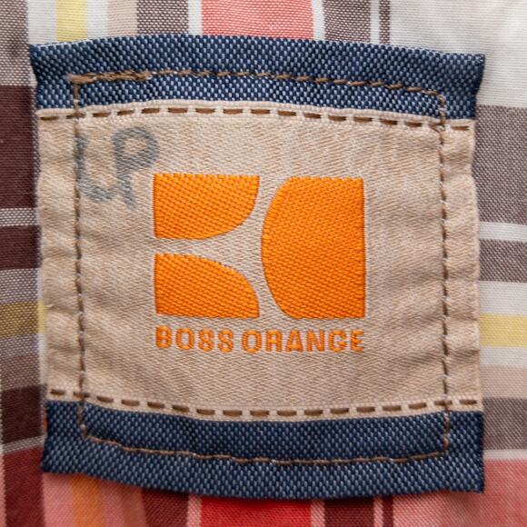 Boss Orange Plaid Men's Medium Button Up Short Sleeve Red White Brown Logo - Picture 3 of 12